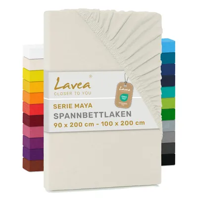 Produktbild von Lavea® Spannbettlaken 90x200cm - 100x200cm Maya Jersey, Bettlaken 100% Baumwolle, Matratzen bis 20 cm, Spannbetttücher, Creme Naturweiß