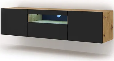 A modern, wall-mounted TV cabinet with a combination of black and wood finishes, featuring a central open shelf with blue LED lighting.
