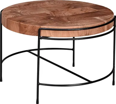 Runder Couchtisch Akazie Massivholz Metall Rund Industrial in Gesamtansicht mit Holzplatte und schwarzem Metallgestell.