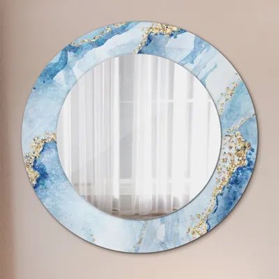 Produktbild von Ø50cm Spiegel - Glasrahmen mit Aufdruck - Wandspiegel Schlafzimmer - blau Marmor mit Gold