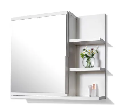A white bathroom cabinet with a mirror and shelves, displayed against a white background.