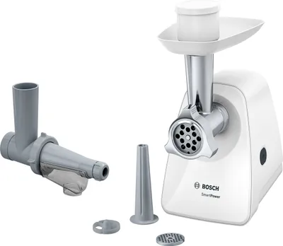 A white Bosch meat grinder with various attachments is displayed on a white background.