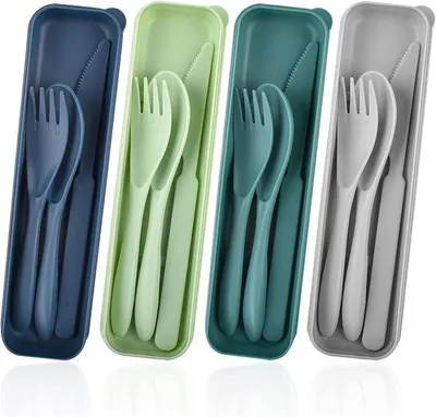 Produktbild von Campingbesteck aus Plastik, 4-teilig, wiederverwendbar, mit Aufbewahrungsbox