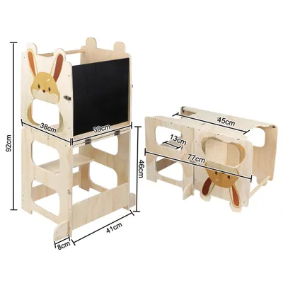 Produktbild von 2 in 1 Lernturm für Kinder,Montessori Stehhilfe mit Tafel,Holz Verwandelbar Lernturm Kleinkind Küchenhelfer Tritthocker für ab 1 Jahr (Kaninchen)