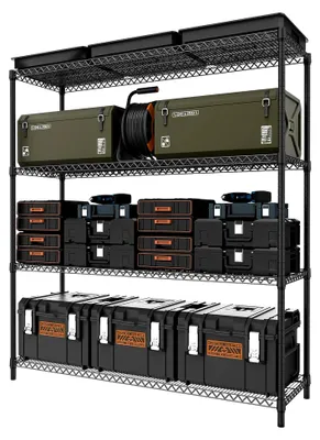 Produktbild von 4-Regal-AufbewAhrungseinheit mit Höhenverstellbaren Regalböden und Nivellierfüßen Gesamtbelastbarkeit Drahtregale für Garage 1198,6 Kg Maximale Tragkraft Schwarz 45 x 150 x 178,7 cm