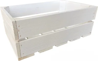 A white wooden crate is shown against a white background.