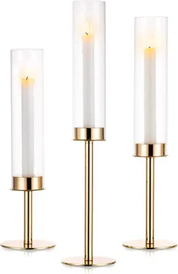 Productafbeelding van Famanu set van 3 kaarshouders - Glazen kandelaars voor stompkaarsen - Decoratie voor bruiloften