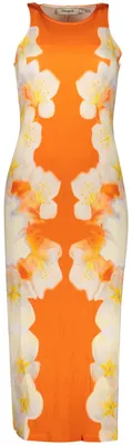 Produktbild von Langes Damenkleid in Orange mit Kontrastdetails und Druckdesign
