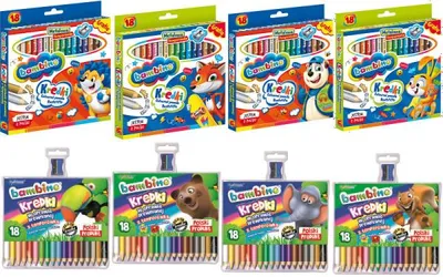 A collection of Bambino brand colored pencil boxes and packages arranged in two rows.