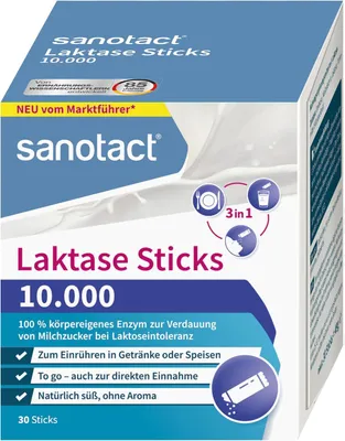 Produktbild von sanotact Laktase Sticks 10.000 – 30 Sticks – Laktase Pulver zur Unterstützung bei Laktoseintoleranz – Sofortwirkung – ohne Aroma – Direkteinnahme