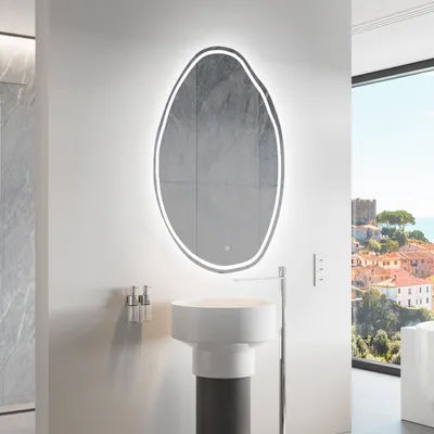 Produktbild von Unregelmäßiger asymmetrischer Spiegel mit LED Beleuchtung 74 x 104 cm - mit LED Beleuchtung - LED Farbe Kaltweiß 7000K - Individuell Nach Maß - Beleuchtet Wandspiegel Lichtspiegel Badezimmerspiegel - Sensor Schalter - GRU223
