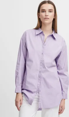 Produktbild von b.young BYGAMZE Damen Langarmshirt Langarmbluse Bluse Hemdbluse mit Stehkragen langer Schnitt mit Knopfleiste aus 100% Baumwolle Oversize