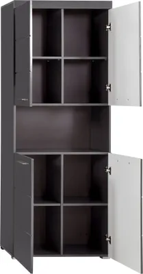 A tall, narrow cabinet with doors open, revealing multiple shelves.