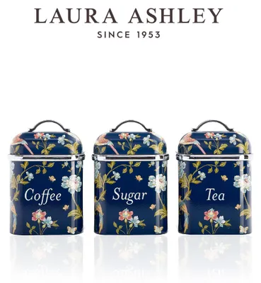 Produktbild von Laura Ashley Küchenaufbewahrungsboxen, 3er-Set – Edelstahl – Für Tee, Kaffee & Zucker – Abnehmbare Deckel – Elveden Navy