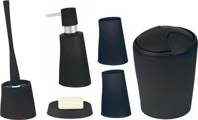 Produktbild von Spirella Badezimmer Set, 6-teiliges Badzubehör Move Seifenspender, WC Bürste, Seifenschale, Kosmetikeimer und Zahnputzbecher Schwarz