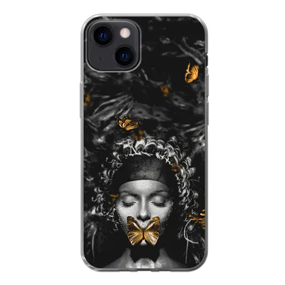 Produktbild von MuchoWow® Handyhülle Schutzhülle Hülle für iPhone 13 Frau - Schmetterlinge - Schwarz - Weiß Silikon Softcase Handy Hülle - Karteninhaber