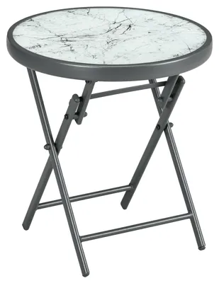 Produktbild von Beistelltisch rund in Marmor-Optik – Klappbarer Glastisch 45x50 cm, Weiß – Kleiner Balkontisch & flexibler Campingtisch für Wohnzimmer oder Terrasse
