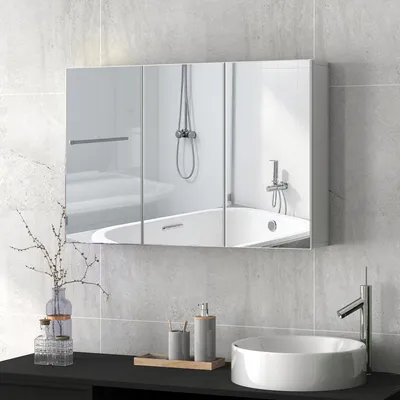 Produktbild von Badschrank mit 3 Spiegeltüren, Spiegelschrank Bad, Wandmontage, Holzwerkstoff, Weiß  |  griffloses Design  |  5 Einlegeböden  |  90 x 15,5 x 60 cm