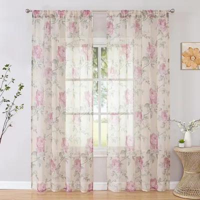 Productafbeelding van Vitrage Gordijnen - Voile Panelen - Woonkamer Decoratie - Bloemenmotief - 2 stuks 160x140 - Roze