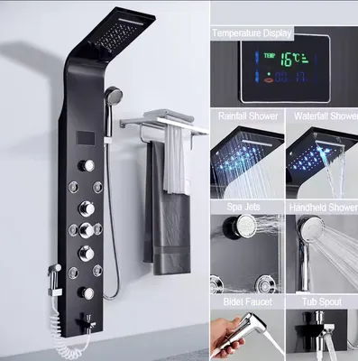 Obrázok produktu pre Sprchová súprava s dažďovou sprchou 6 v 1 s LED osvetlením a displejom, čierna