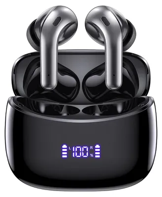 A pair of black wireless earbuds with silver accents are shown in their charging case, which has a digital display showing battery status.
