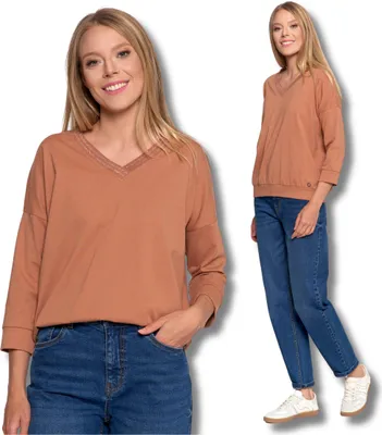 Obrázek produktu pro Moraj - Dámská halenka, velikost M - Hnědá dámská halenka - Dámské dlouhé rukávy - Bavlňová dámská halenka s výstřihem do V