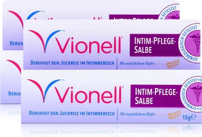 Two boxes of Vionell Intim-Pflege-Salbe are stacked on top of each other, with a third box partially visible behind them.