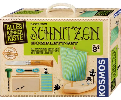 Image de Kosmos 604608 AllesKönnerKiste Schnitzen Komplett-Set, avec couteau de sculpture pour enfants, bloc en tilleul, sculpter soi-même un bateau, kit de sculpture, kit de bricolage pour enfants à partir de 8 ans
