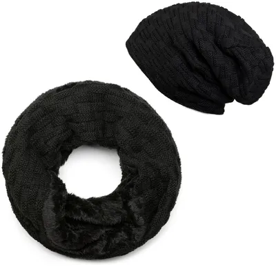 Produktbild von styleBREAKER Strick Loop Schal und Beanie Mütze Set mit Flecht Muster, Fleece Innenfutter, Winter, Uni 01018211