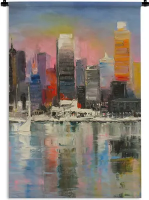 Produktbild von MuchoWow® Wandteppich Wandbehang Gemälde - Öl - Skyline - Wasser 90x135 cm Tapisserie Dekoration Wandtuch - Baumwolle - Wandskulptur