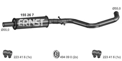 Produktbild von ERNST 155267 Mittelschalldämpfer Schalldämpfer für VW Golf V Schrägheck (1K1) GOLF PLUS (5M1, 521) für AUDI A3 Sportback (8PA) A3 Schrägheck (8P1)