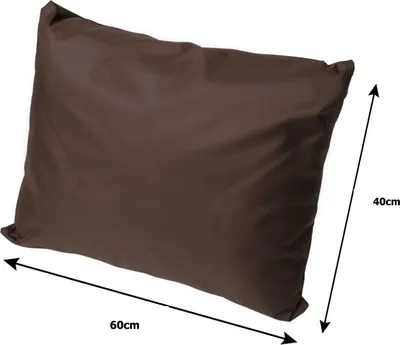 A brown pillow with dimensions indicated by arrows and text.