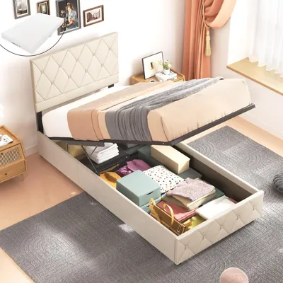Produktbild von MODFU Boxspringbett Hydraulisches 90 x 200 cm mit Kopfteil(Knopfnahtverzierung), Polsterbett Funktionelles mit Lattenrost aus holz und Metallrahmen, Einzelbett Stauraumbett mit Bettkasten Stauraum, Samt Beige(mit Matratze)