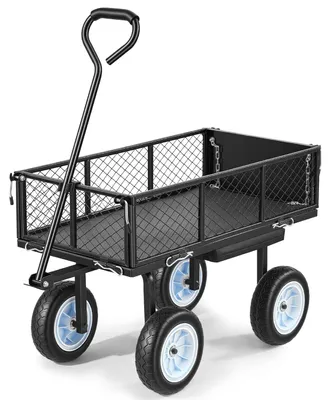 Obrázok produktu pre Záhradný vozík so sedadlom, 226,8 kg, oceľové záhradné sedadlo na kolieskach, odolná záhradná stolička, s odkladacou plochou na náradie a nastaviteľnou rukoväťou, vonkajší záhradný vozík, na trávnik, terasu, dvor, čierny