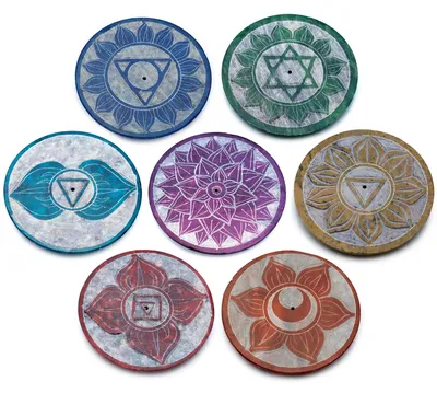 Produktbild von 7x Räucherstäbchenhalter klein Speckstein Kiesel 7 Chakra rund Untersetzer Räucherkegelhalter