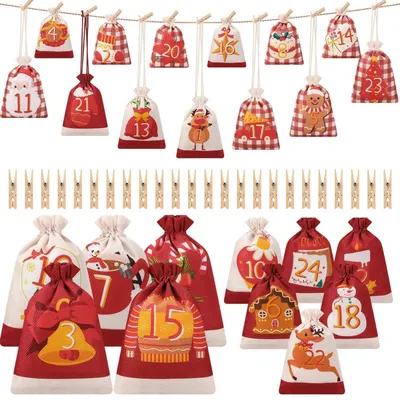 Produktbild von Adventskalender zum Befüllen, 24 Stoffbeutel, 2 Größen, mit Zahlen, Jute
