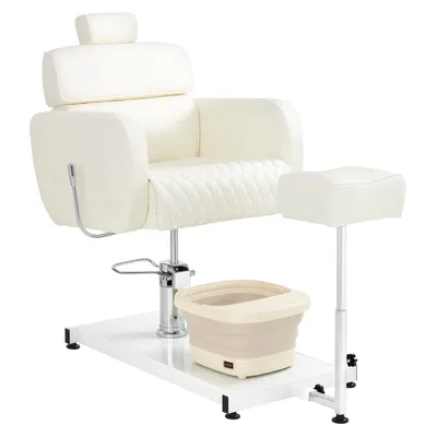 Produktbild von BarberPub Pediküre Stuhl mit Fußbadewanne & Pediküre Hocker, Friseurstuhl Höhenverstellbar & Kippbar, Rückenlehne & Kopfstütze Ausziehbar, F0380 Weiß