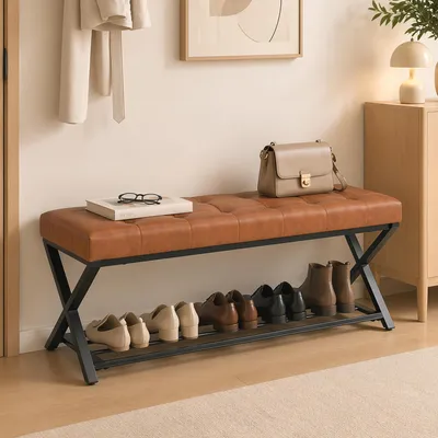 Produktbild von SUGIFT Eingangsbank Flurbank, Schuhbank mit Kunstlederpolster, Stahl-Gestell, Braun  |  Kohlenstoffstahl  |  bis 220 kg  |  112 x 37 x 47 cm