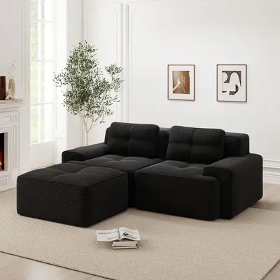 Produktbild von Boneless Modulsofa, Modernes L-förmiges Modulsofa für Wohnzimmer mit Tiefem Sitz, bequemes 80% Corduroy-Cloud-Sofa mit Ottoman, Getuftetes Zweisitzer-Schlafsofa, Schwarz