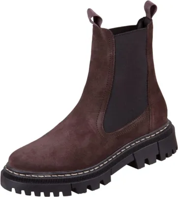 A single brown suede Chelsea boot with a thick lug sole is shown against a white background.