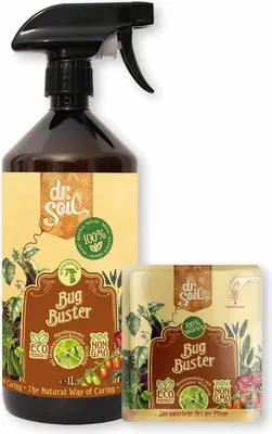 Produktbild von Satz mit Dr.Soil Bug Buster - natürliches Insektizid auf der Basis von nützlichen Bakterien, Neemöl und pflanzlichen Ölen in 1-Liter-Dose mit Zerstäuber + Nachfüllkonzentrat, für den Innen- und Außenbereich