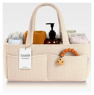 Produktbild von Windel-Organizer für den Wickeltisch – Stilvolle Aufbewahrungskorb für das Kinderzimmer, Neugeborenenbedarf, Geschenke zur Babyparty und Must-Haves für Jungen oder Mädchen, Auto-Windel-Organizer, Cordstoff Creme