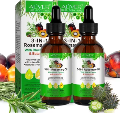 Immagine prodotto di Olio per capelli 3 in 1 Olio di rosmarino Olio di ricino Olio di batana Olio essenziale per la cura dei capelli Olio da massaggio Biologico, 2x 60ml