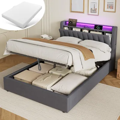 Obrázek produktu pro STILVORA čalouněná postel 140 x 200 cm s matrací Postel pro mládež s úložným prostorem a LED osvětlením Postel s úložným prostorem, zaoblenými hranami a zásuvkami