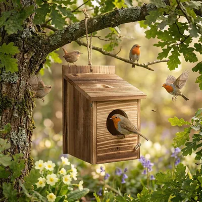 Image de Maisonnette pour oiseaux en bois, résistante aux intempéries, nichoir à demi-cavité, dimensions 15x15x22 cm