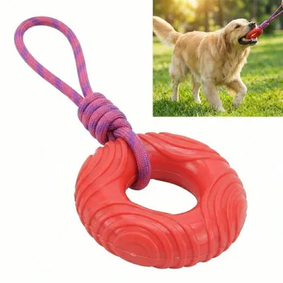 Image de Jouet pour chien Pneu avec corde et couineur Anneau de dentition en TPR 40 cm Rouge Jouet à mâcher