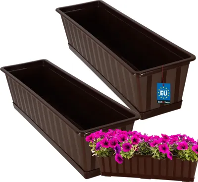 Two brown rectangular planters are shown against a white background. One planter is in the foreground, and the other is slightly behind and to the right. A small bunch of pink petunias is visible in the foreground planter.