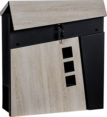 A modern mailbox with a wood-grain accent and black metal construction.