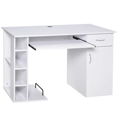 Image de HOMCOM Bureau informatique table d'ordinateur multimédia multi-rangements avec étagère tiroir tablette clavier MDF 120 x 60 x 74 cm blanc