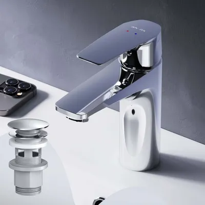 A chrome faucet and pop-up drain assembly are shown on a white sink.